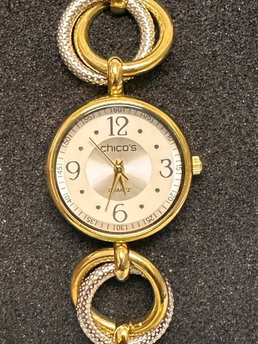 Chico's Watch Women Silver Gold Two Tone Round Link Band New Battery 7